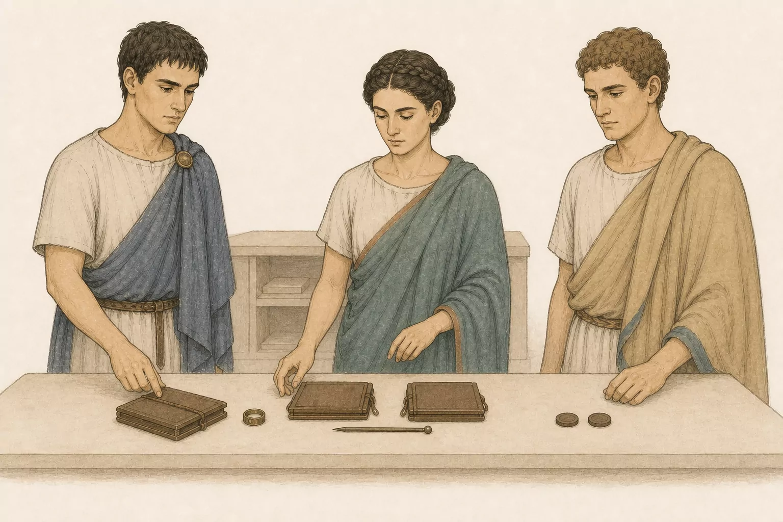 Cassianus compares an inherited tablet with Aurelia’s matched copies while Horatius witnesses their discussion at a plain archive table.