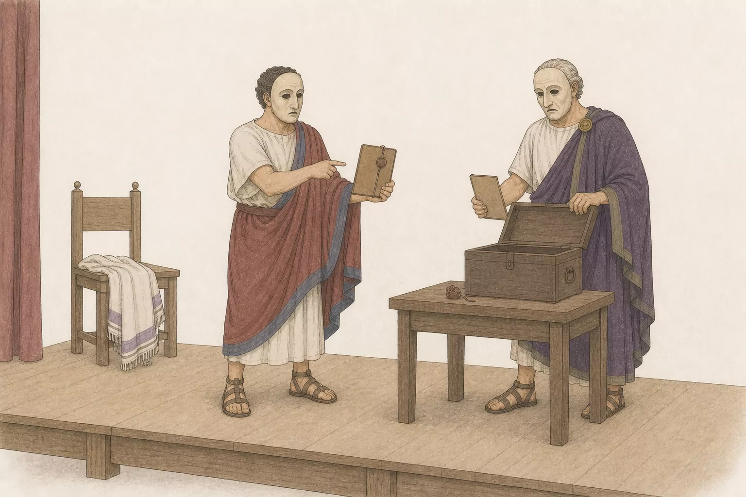 Masked actors perform the Orestes exemplum around a staged archive chest with a broken seal while the killing itself remains offstage.