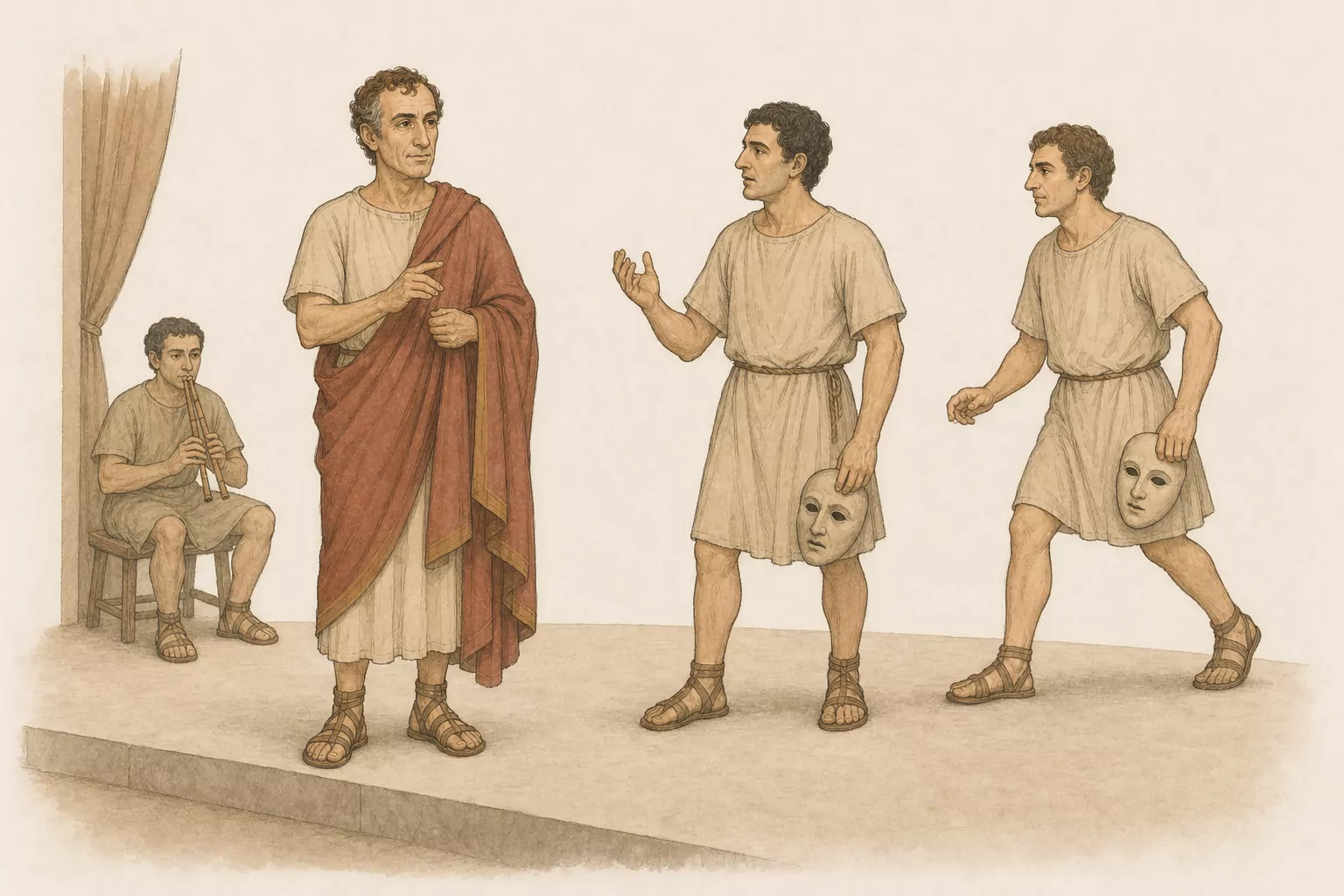 Roscius directs two anonymous actors rehearsing with plain masks while a tibia player accompanies them beside the simple Verona stage.