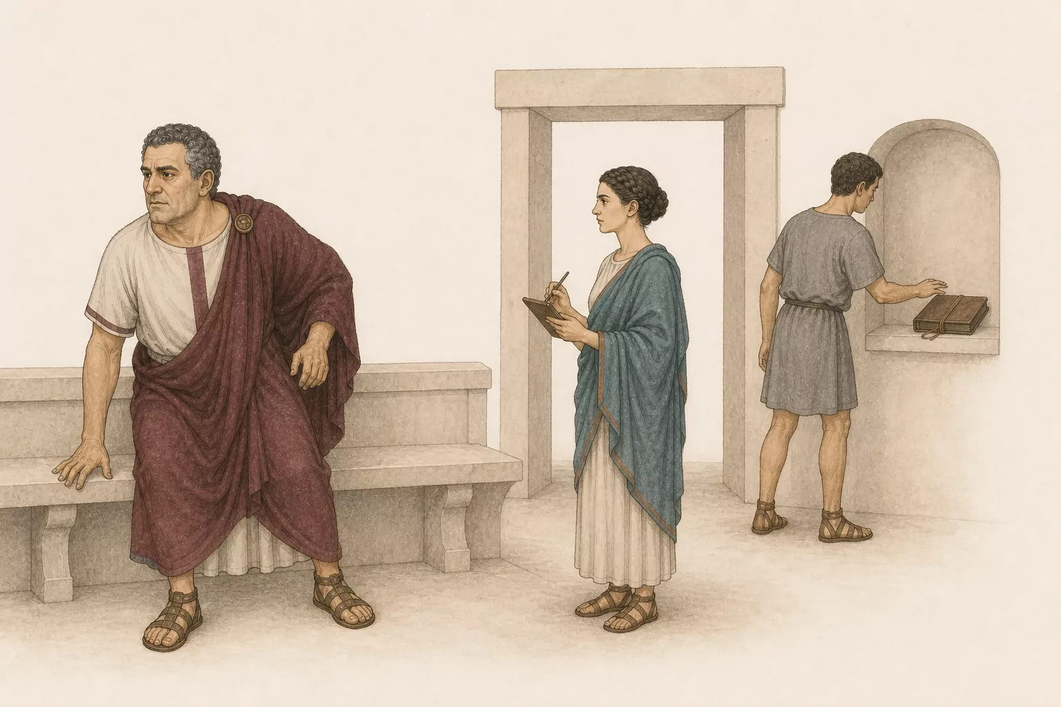 Severus rises abruptly from the theatre seating as Aurelia records his reaction and an anonymous secretary reaches toward a sealed archive tablet.