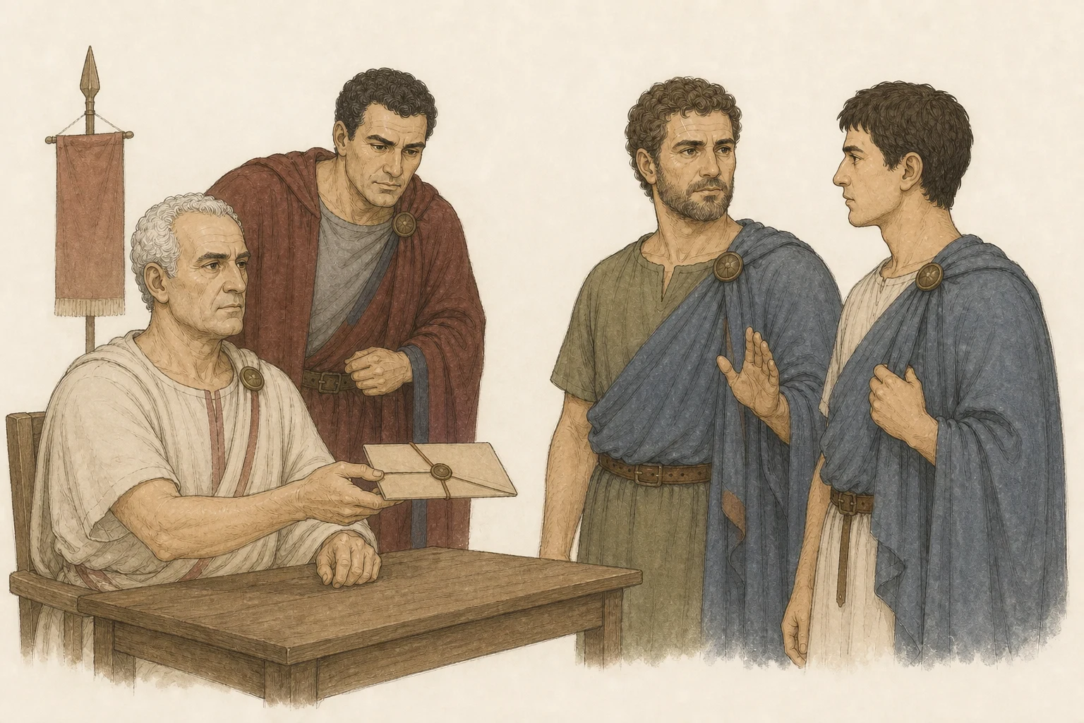 Neratius receives Cassianus’s sealed packet at a plain camp table while Drusus watches it eagerly and Sabinus cautions Cassianus aside.