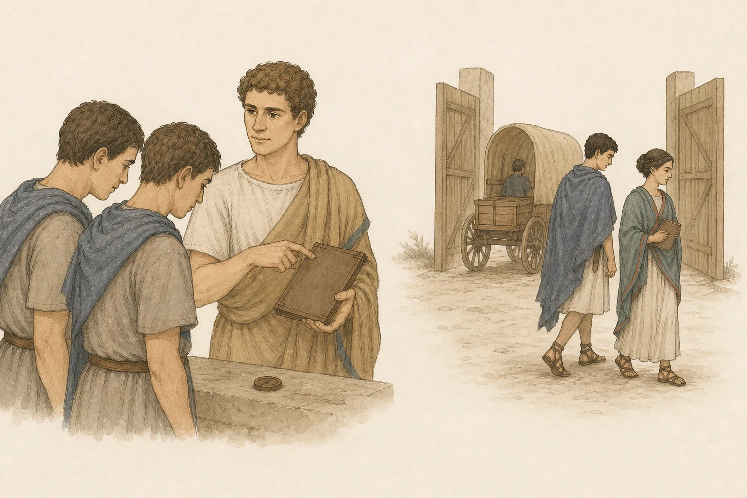 Horatius disputes a plain theatre contract with two anonymous road guards while Cassianus and Aurelia pass quietly beside the troupe’s wagon in the background.