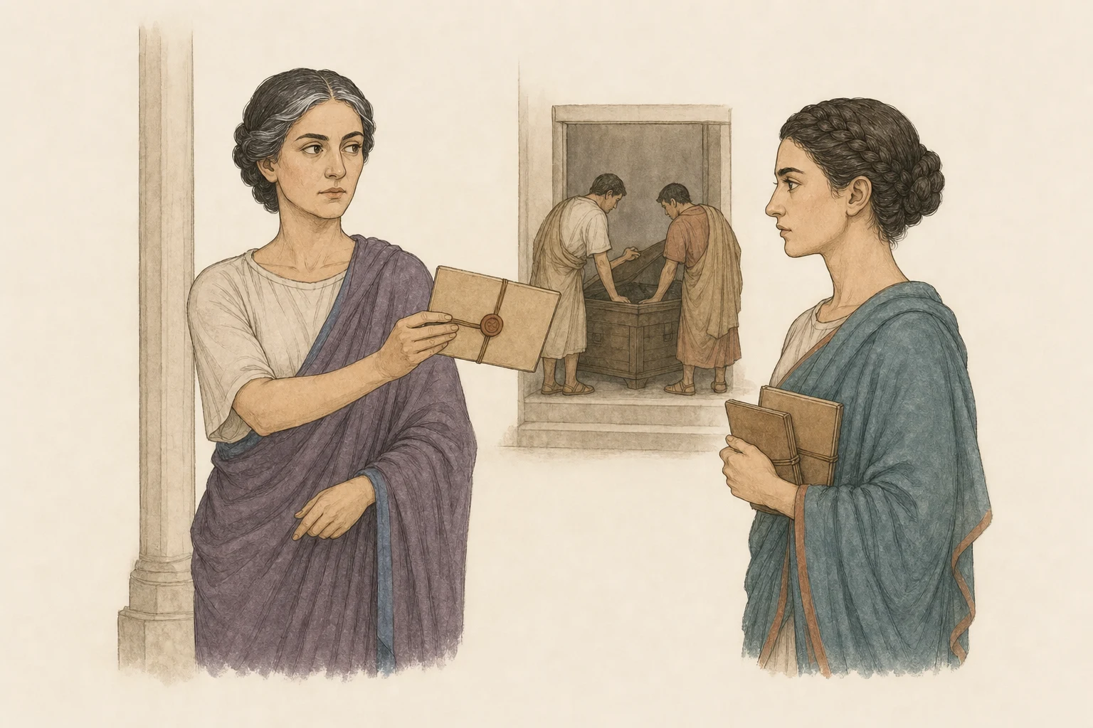 Octavia quietly warns Aurelia beside a simple household doorway while two anonymous officials begin a search in the background.