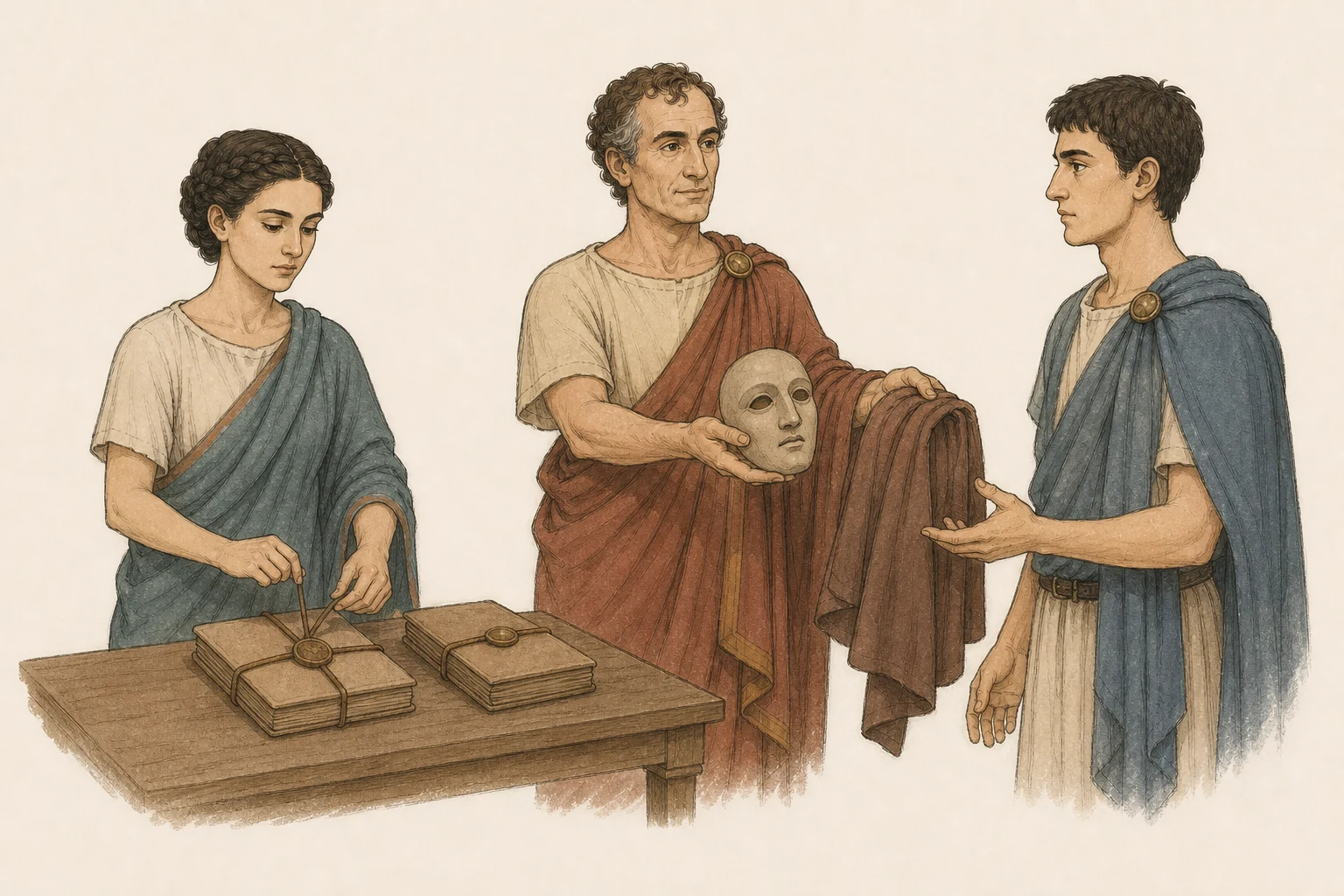 Aurelia binds two plain matching document packets while Roscius offers Cassianus an anonymous actor’s cloak and mask at a simple rehearsal table.