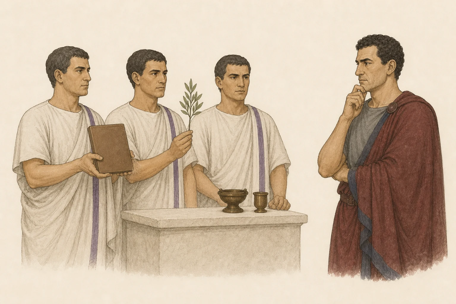 Drusus listens as exactly three anonymous temple attendants present a blank Sibylline tablet beside one sacred branch, incense bowl, and libation cup.