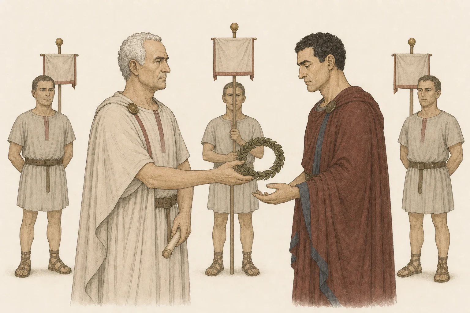 Neratius presents Drusus with a plain command wreath before three orderly standards while an anonymous standard-bearer and soldiers watch.