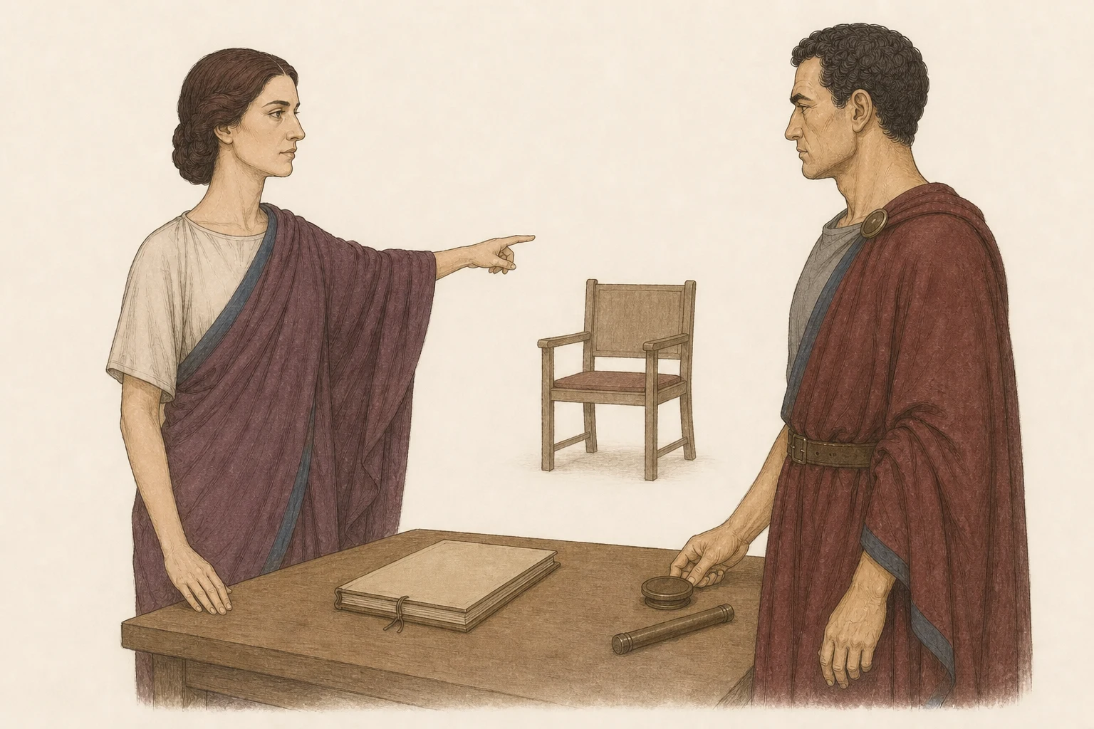 Vipsania places a closed duty roster between herself and Drusus while pointing from his limited unit seal toward the commander’s empty chair.