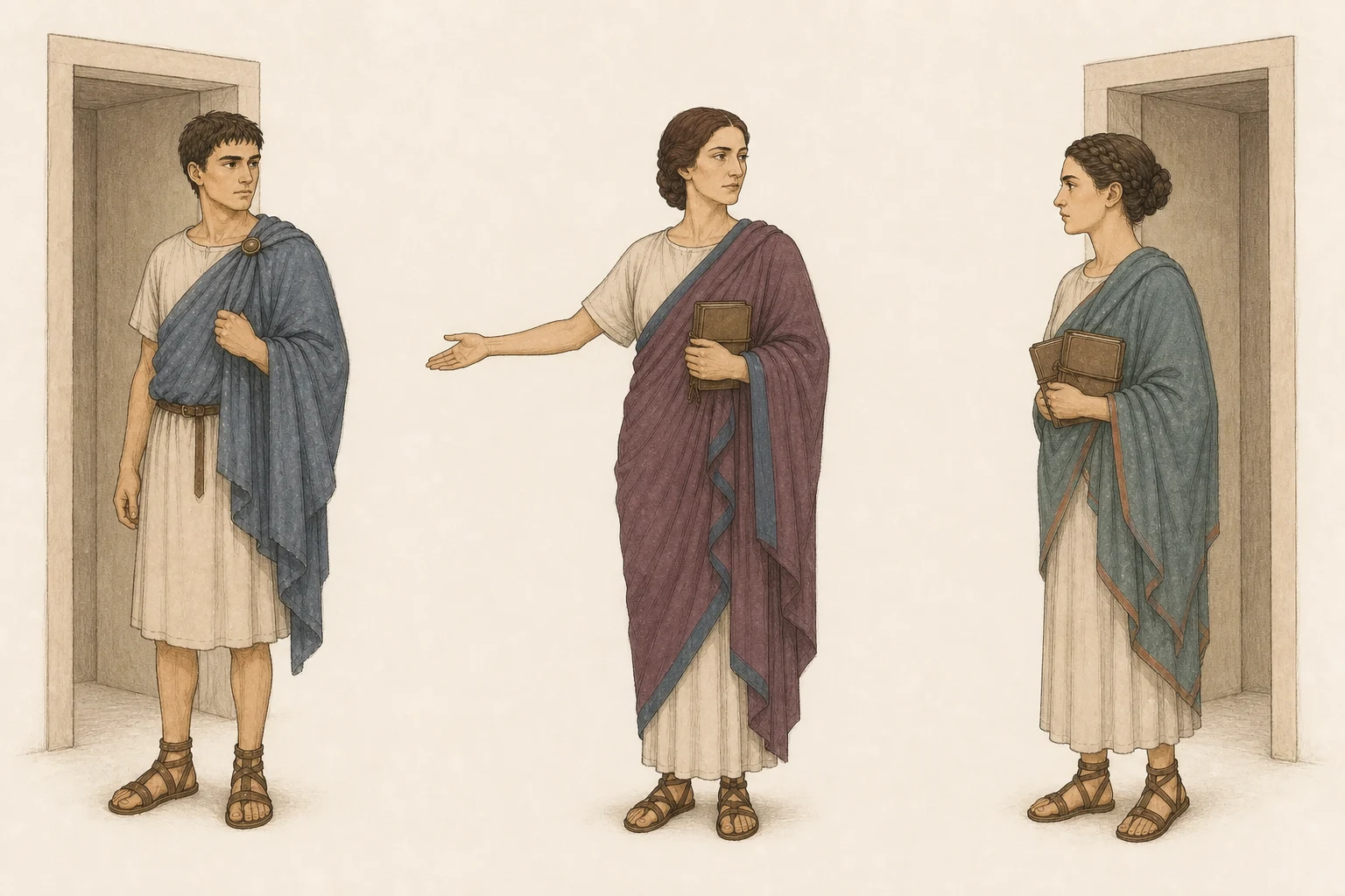 Vipsania directs Cassianus and Aurelia toward opposite simple doorways while they look back toward one another across the separation.