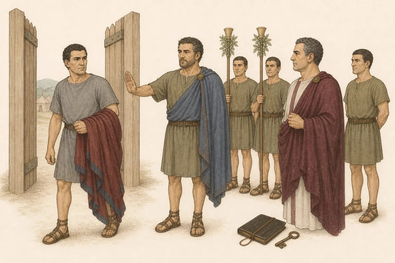 Sabinus and two unarmed soldiers calmly stop Drusus at the open gate while branch-covered standards arrive and Severus waits beside his ledger under separate guard.