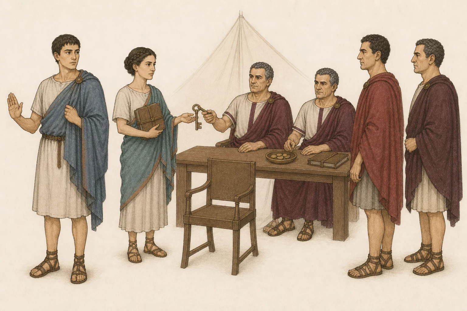 Two anonymous officers return an archive key to Aurelia as Cassianus declines an empty command chair and Drusus and Severus wait unbound for civil trial.
