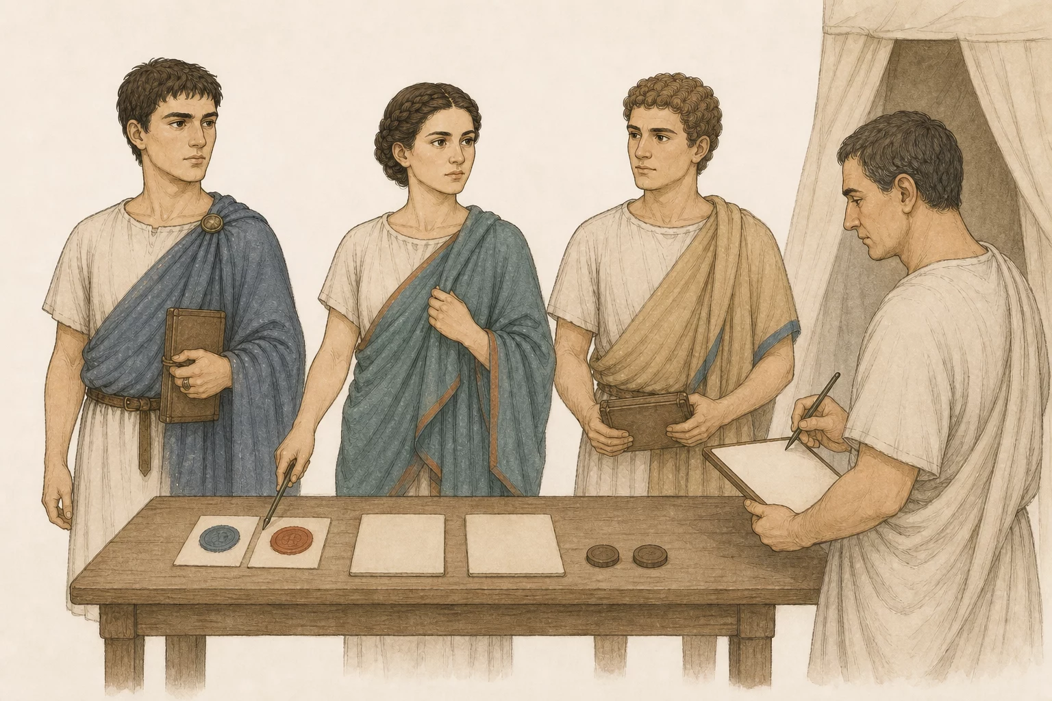 Aurelia leads Cassianus, Horatius, and an anonymous quaestor in comparing two seals, a blank original roster, and its blank copy on a sparse inquiry table.