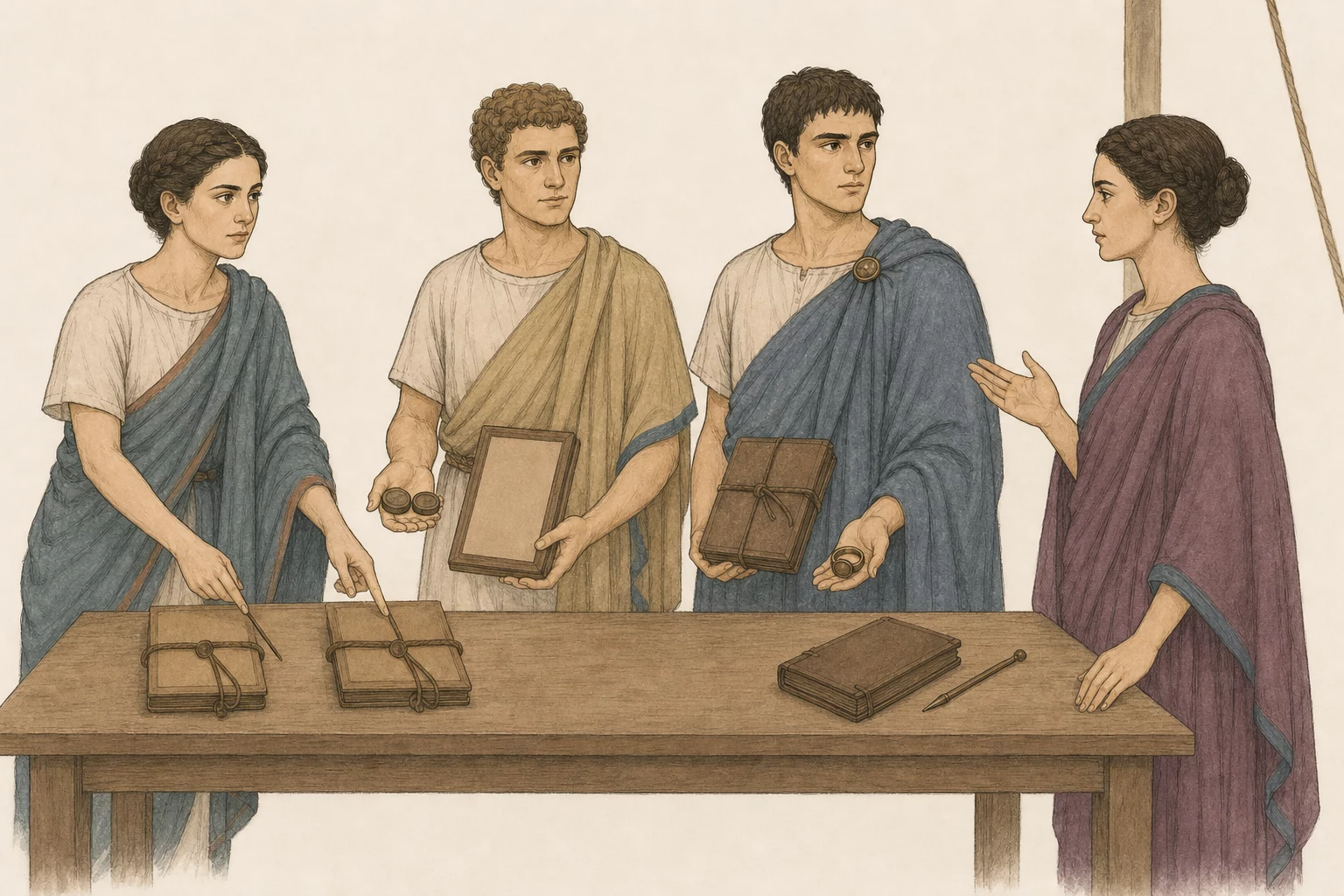 Aurelia compares matching blank orders while Horatius and Cassianus present witness tokens and Vipsania answers before the inquiry table.