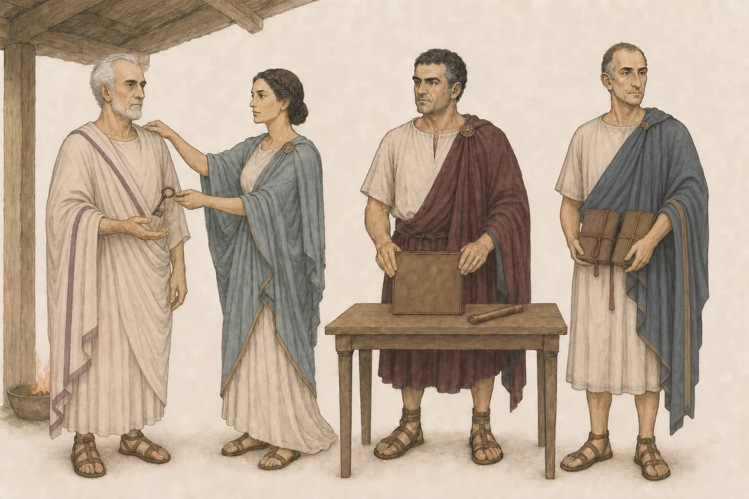 Aelia offers Lentulus a shelter key while Martialis holds a blank Senate petition and Scaurus watches separately with two differently bound dispatches.