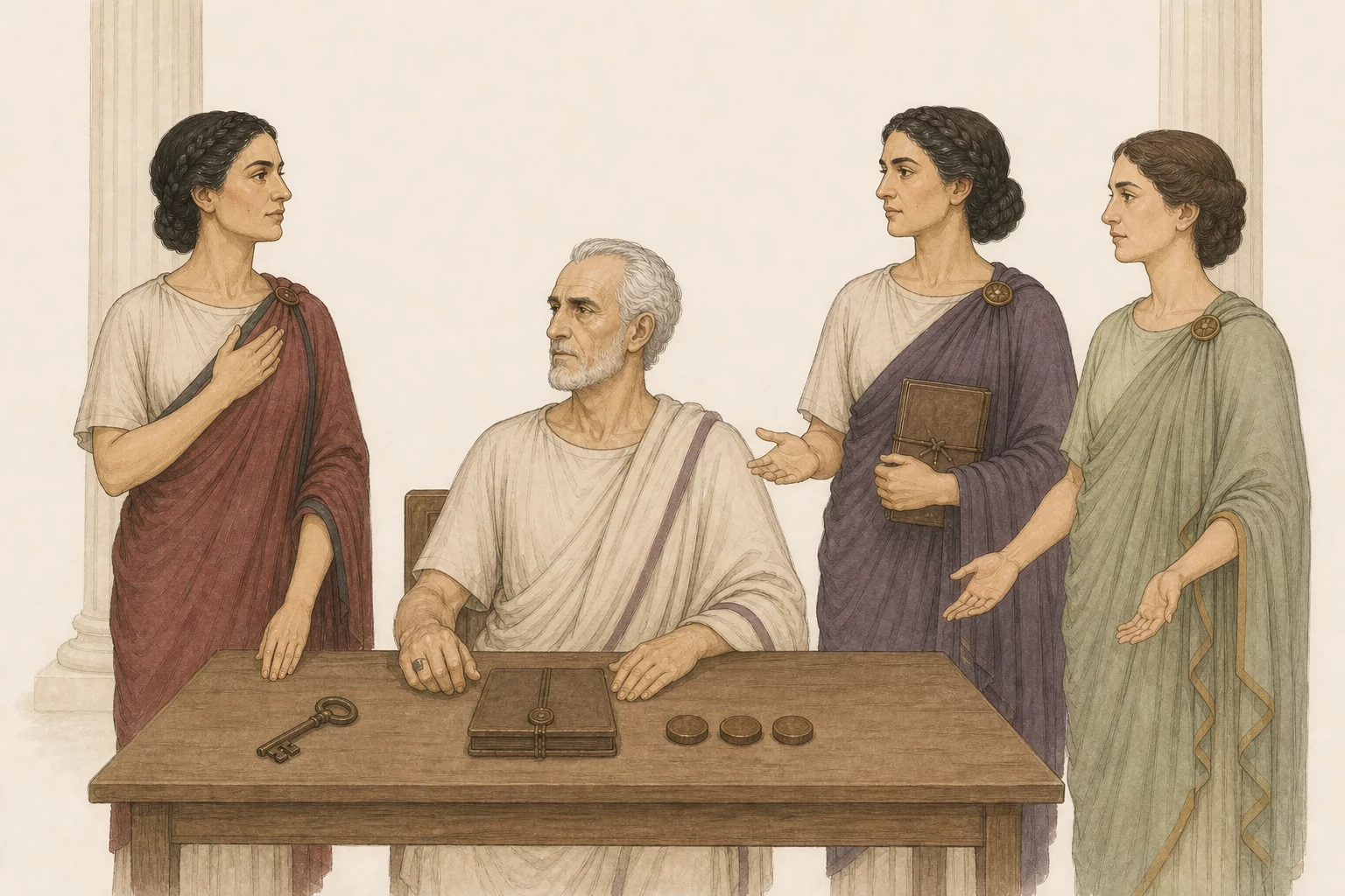 Lentulus places a sealed will and three estate portions before Domitia, Plautia, and Aelia as the elder daughters praise him and Aelia keeps her hands open.