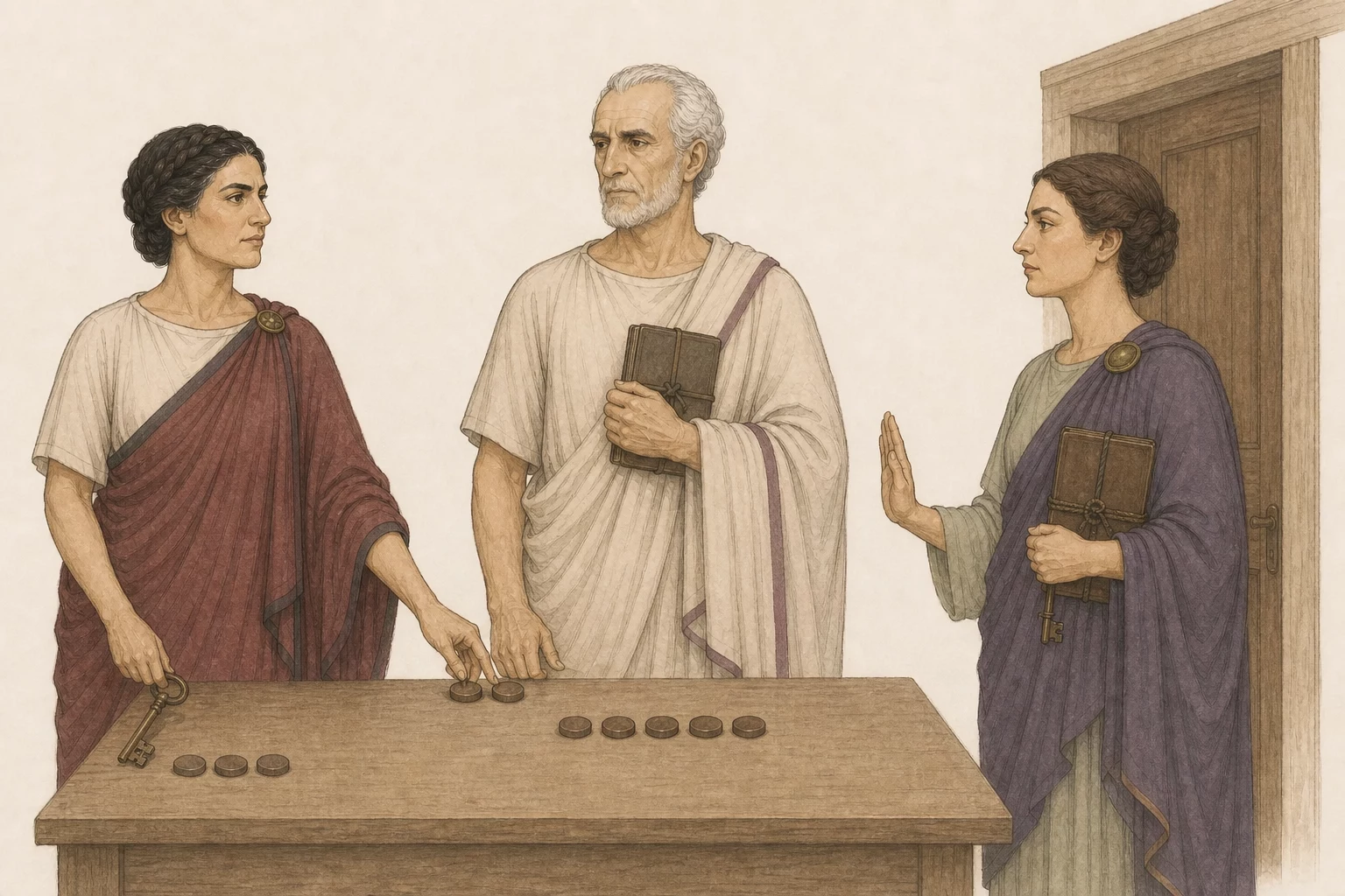 Domitia returns only a few client tokens to Lentulus while Plautia holds an estate key beside a closed doorway, making his diminished retinue visible.