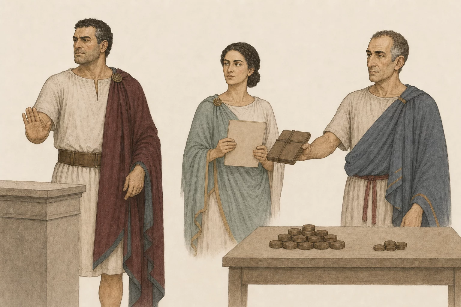 Martialis turns away from an open civic speaking place while Scaurus presents a blank proposed law beside orderly voting tokens and Aelia holds a settlement tablet between them.