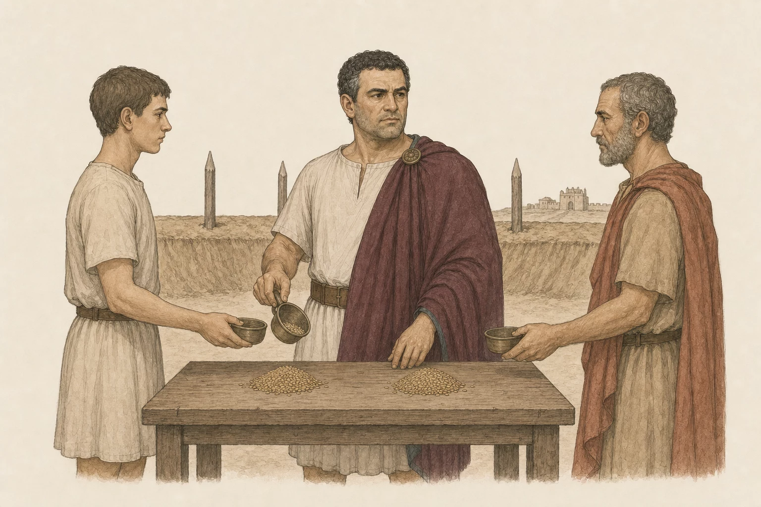 Martialis measures equal grain rations for a recruit and recalled veteran beside a newly cut camp ditch while an allied town gate remains visible beyond the sparse rampart.