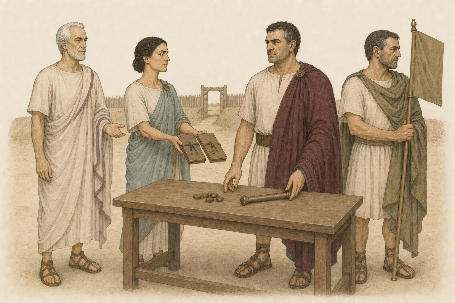 Aelia presents paired blank arbitration tablets as Lentulus watches, Martialis releases his command baton onto the table, and an anonymous allied commander turns his standard away.