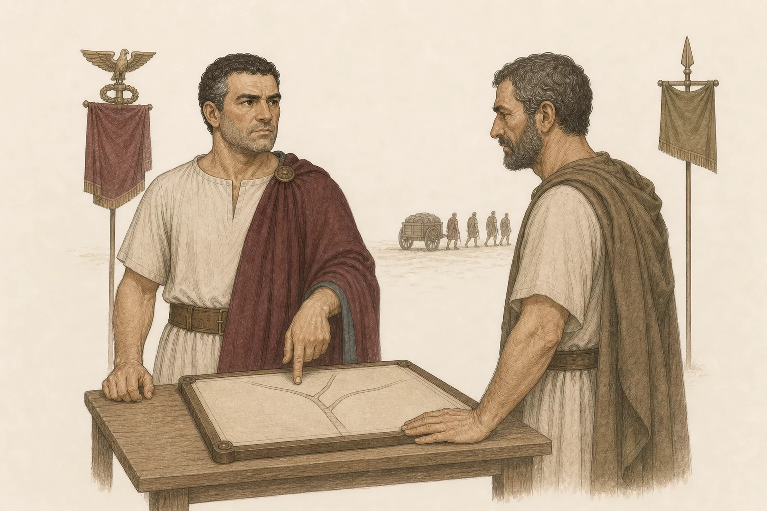 Martialis and an anonymous Italian allied commander study a blank road tablet between separate Roman and allied standards while a baggage column waits behind them without battle.