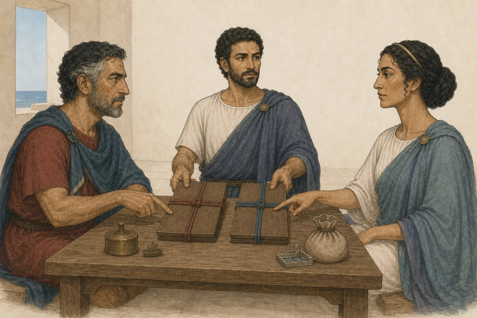 Varro and Cleonice face one another across equal grain and harbor tokens while Nicanor places two matching blank treaty tablets with different colored cords between them.
