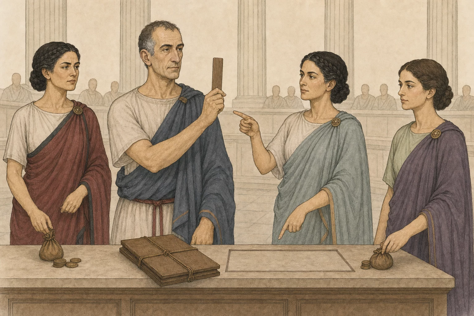 Scaurus presents one short blank excerpt tablet while Domitia and Plautia place funding tokens beside it and Aelia points toward the missing space for the complete paired treaty copies.