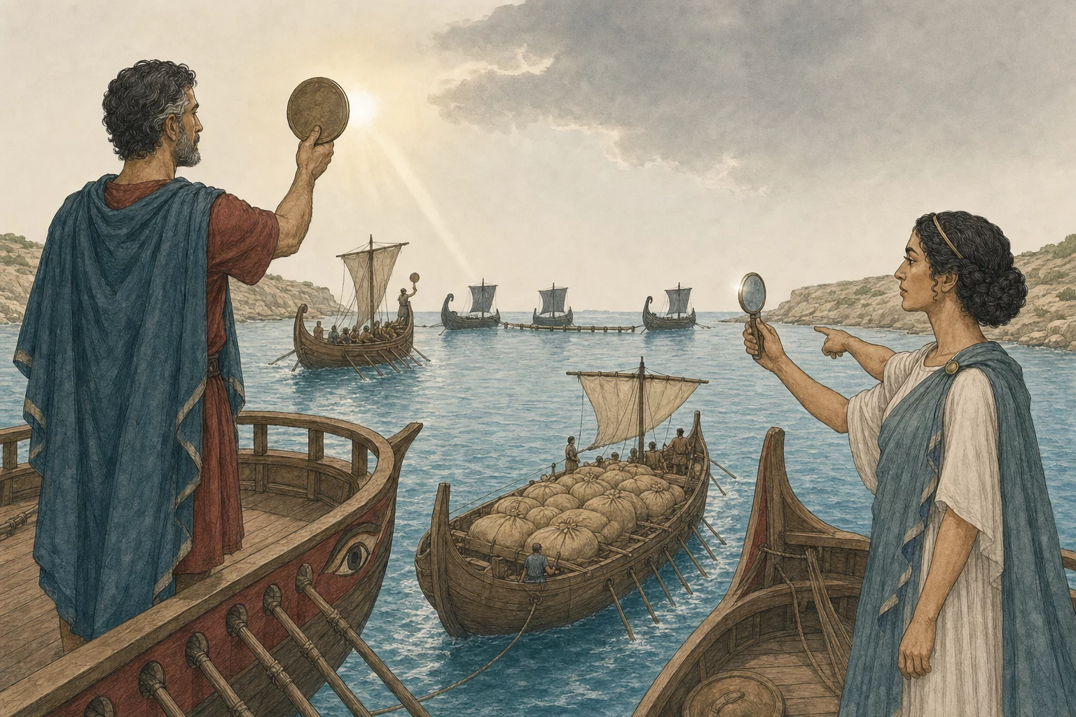 Varro raises a bronze signal disk while Cleonice indicates the grain route on a blank tablet and three distant blocking ships display conflicting simple signals beyond a laden merchant ship.