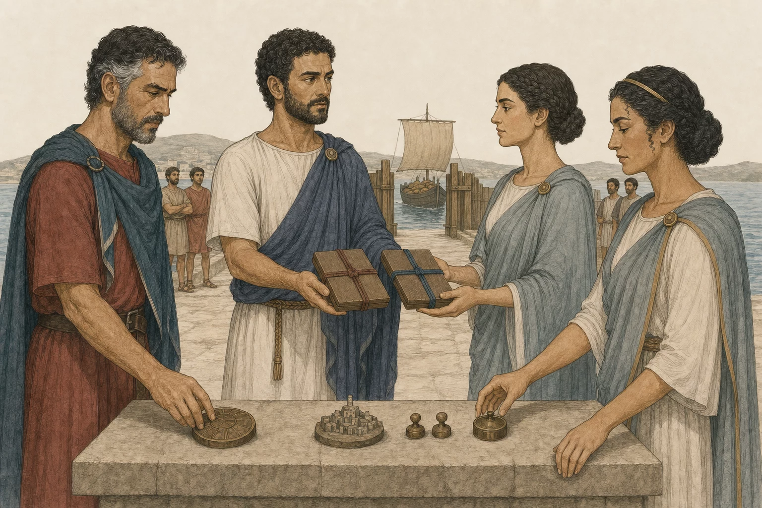Nicanor gives Aelia two matching blank treaty copies while Varro sets down a bronze naval signal disk and Cleonice places her royal seal beside protected crew and city tokens.