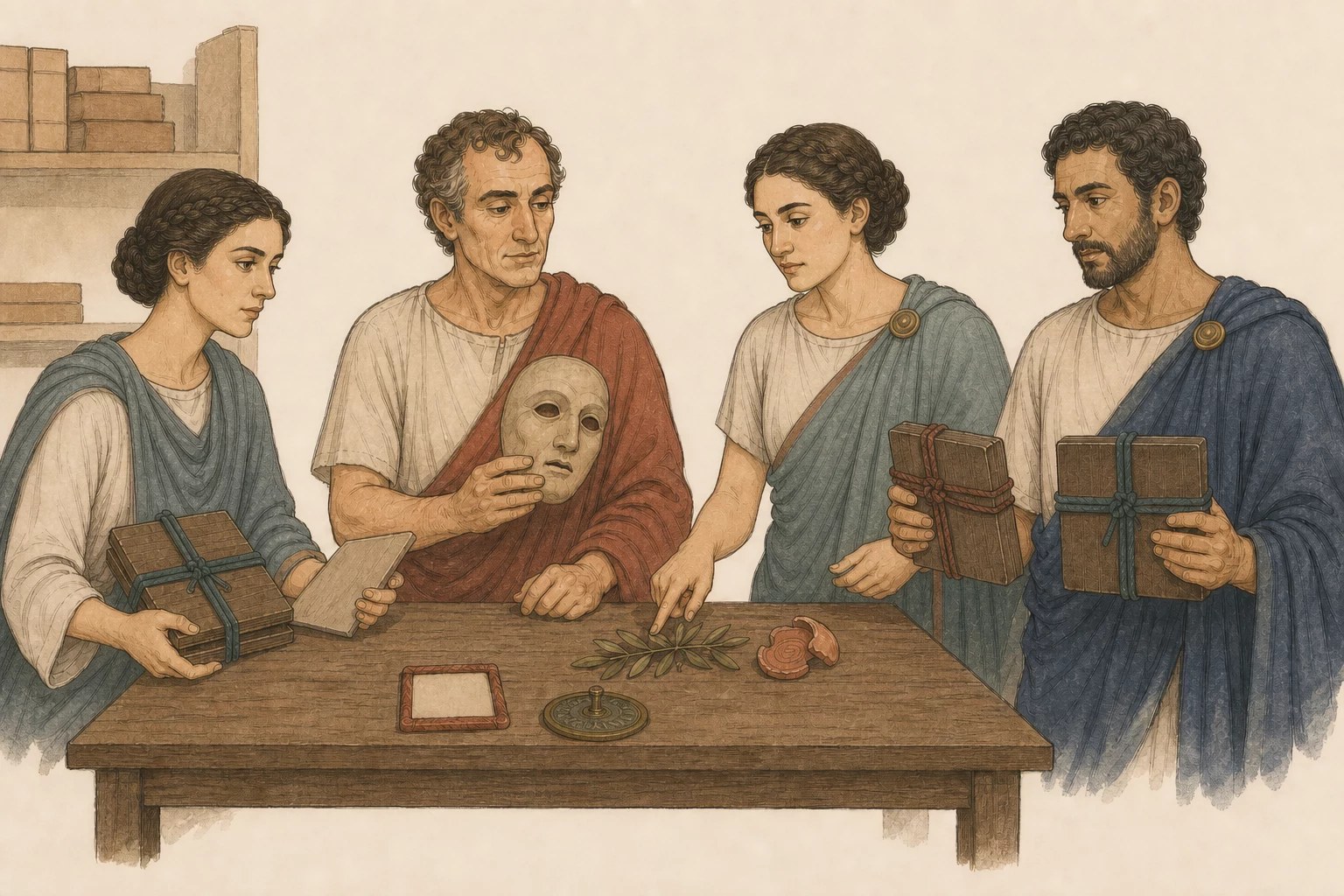 Aurelia compares an archive copy with a stage tablet while Roscius selects a plain mask, Aelia identifies an olive branch and broken seal, and Nicanor displays matched treaty copies.