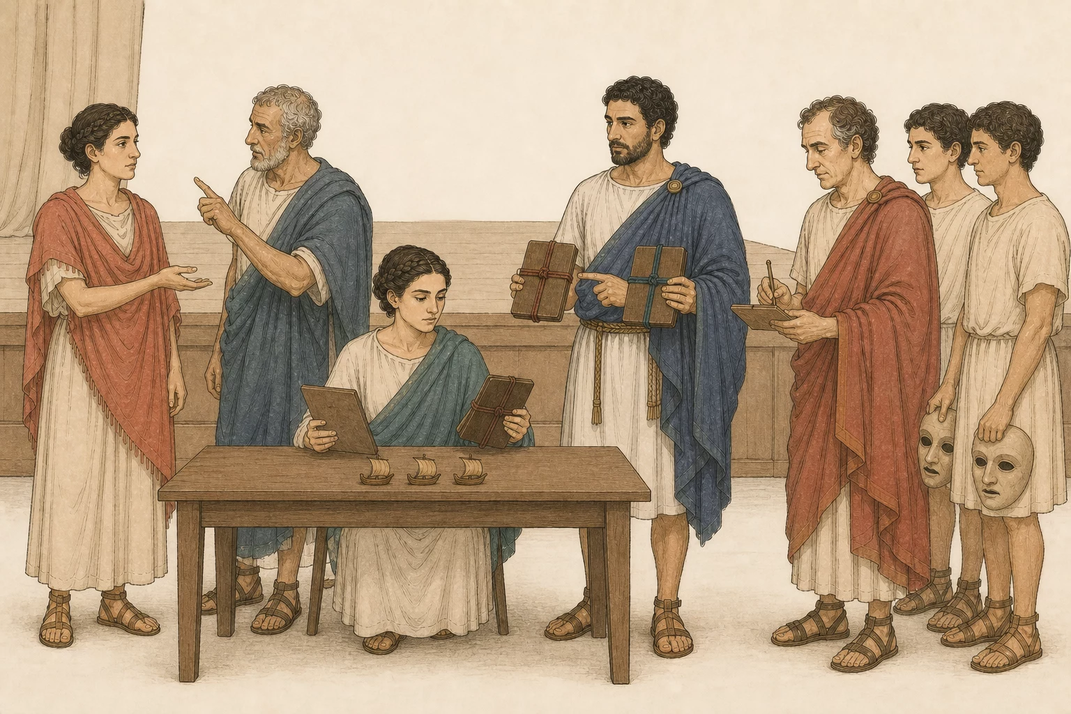Valeria receives an audience objection at a low table while Aurelia compares the staged copy with the sealed archive record, Nicanor indicates the treaty versions, and Roscius marks the corrected scene.
