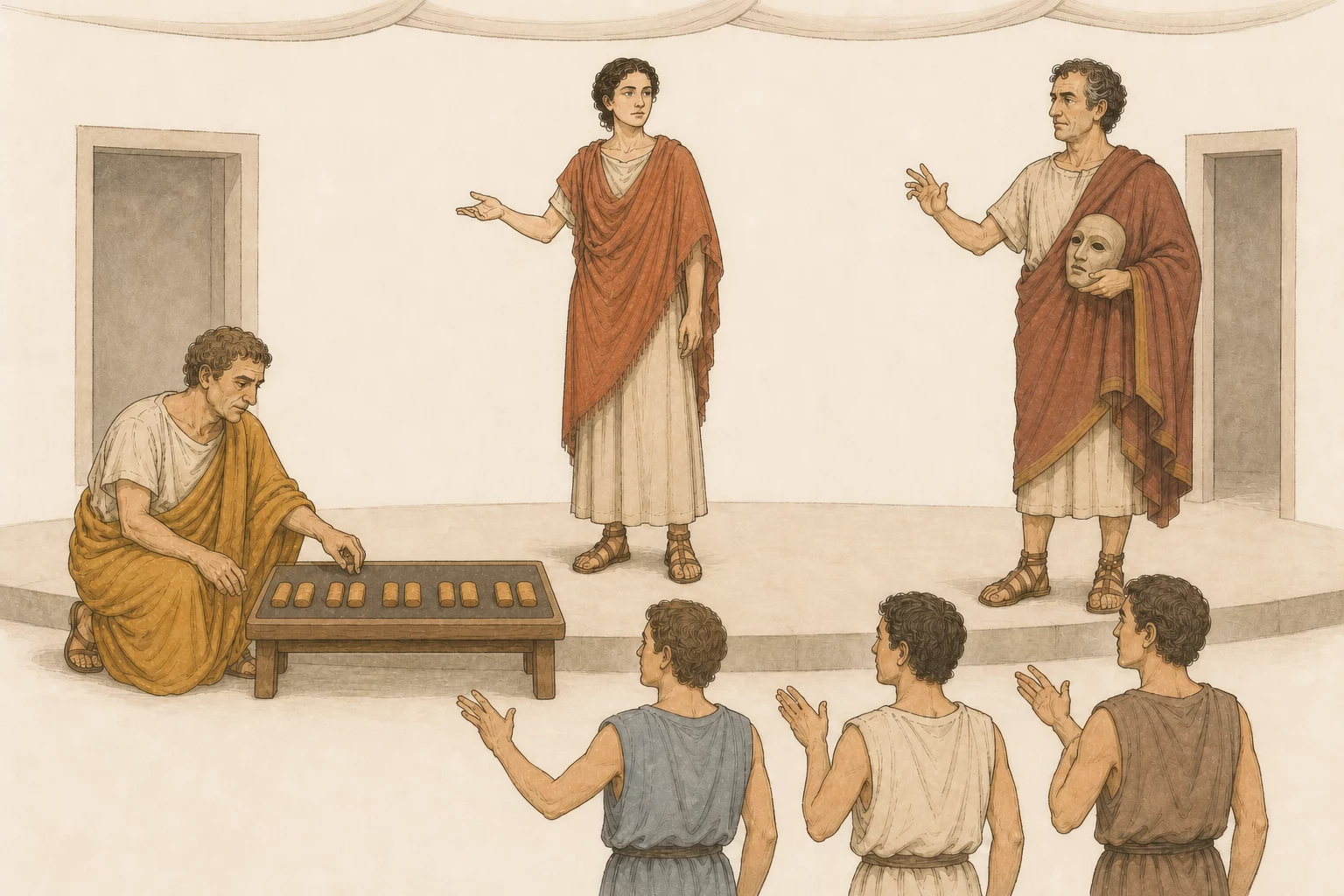 Artemidorus marks six paired spaces with stones on a blank rehearsal tablet while Roscius directs Valeria and a small chorus on the proscenium beneath a simple awning.