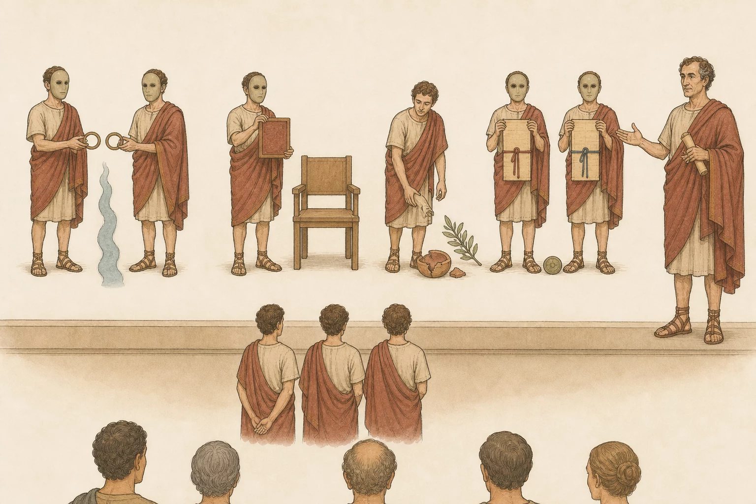 Roscius directs a doubled-role performance in which masked actors hold matching rings, a warning tablet before an empty chair, a broken seal, and paired treaty copies while the chorus and audience watch.