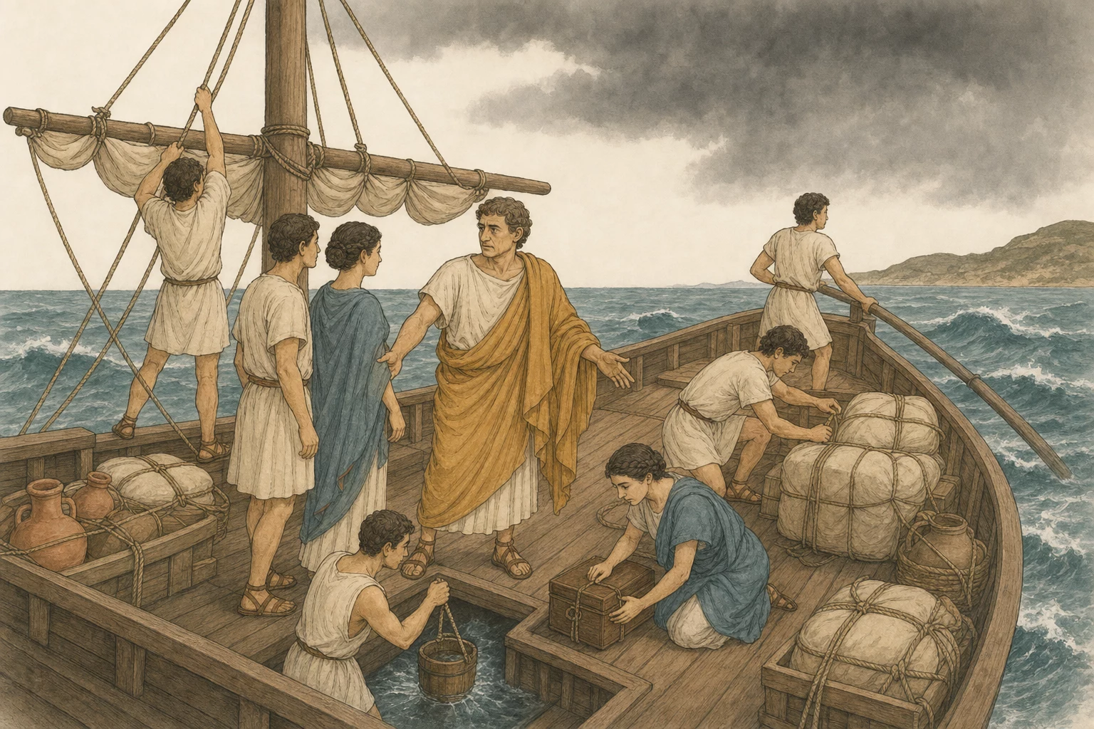 Artemidorus and Aurelia protect a sealed codex chest while sailors lower the yardarm, secure the cargo, and bail the bilge as the pilot turns toward a sheltered Adriatic coast.