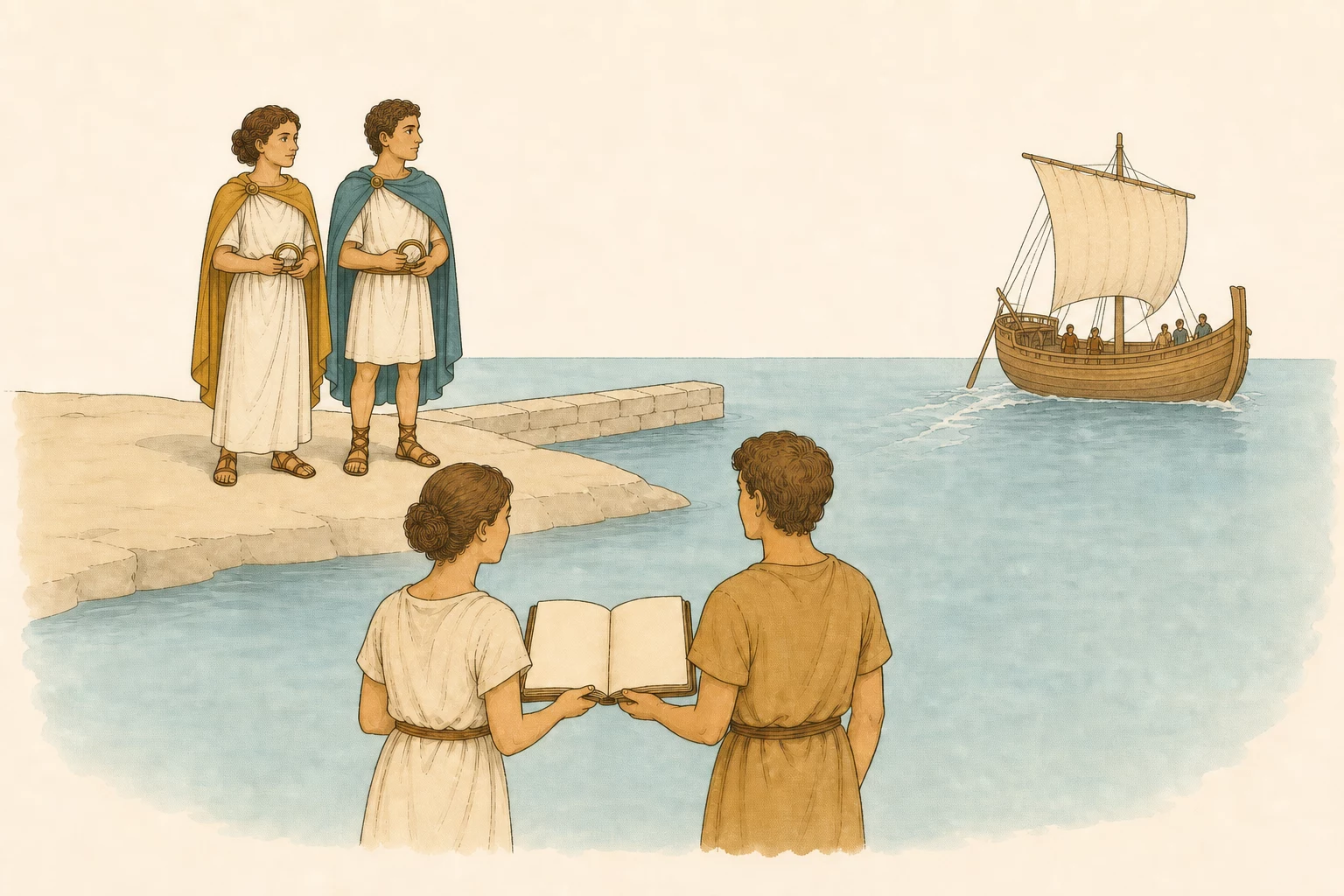 Viola and Sebastianus stand together above the Illyrian harbor while two young readers hold an open codex in the foreground and a small merchant ship sails outward across calm water.