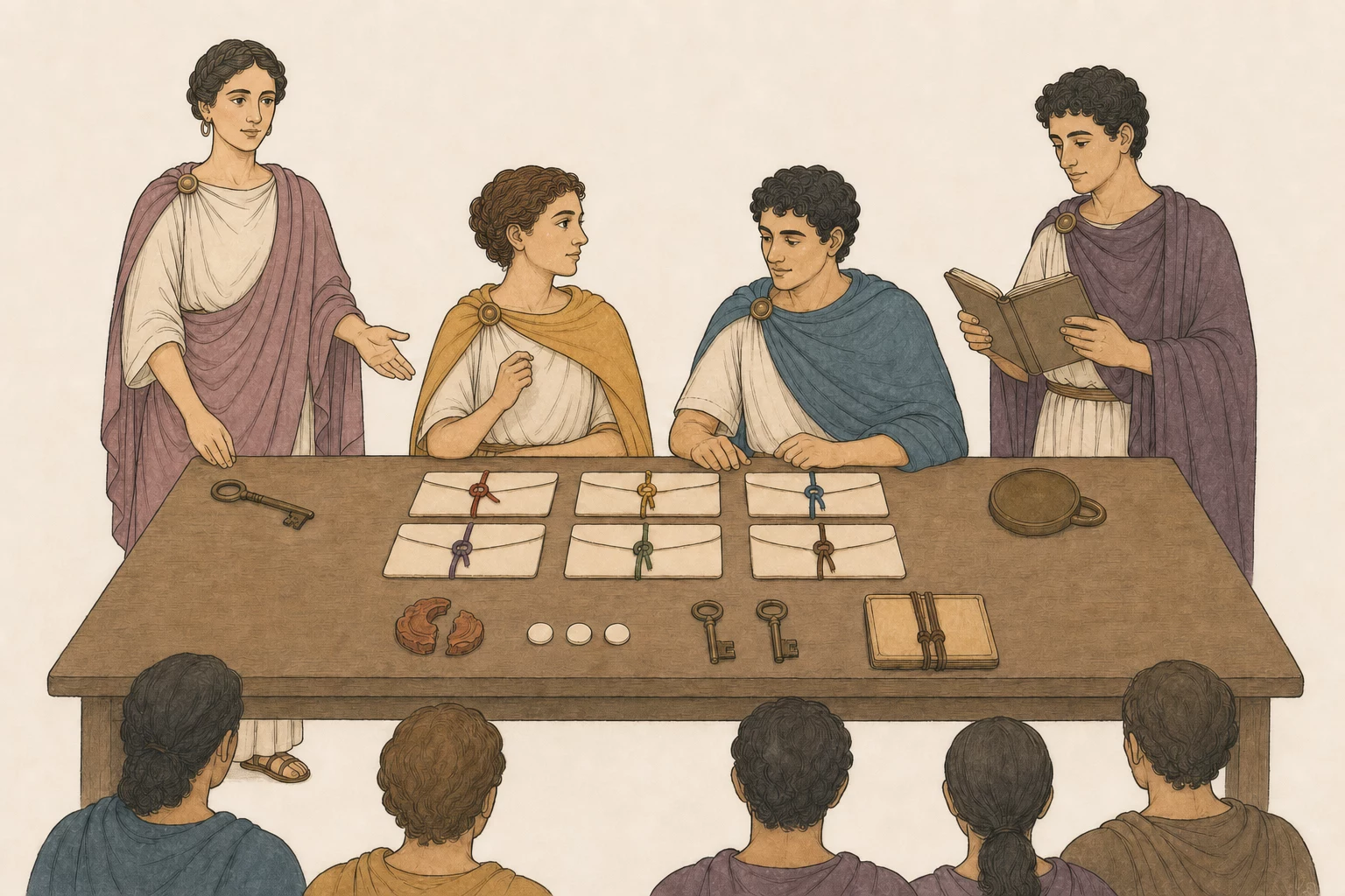 Olivia and Orsinus host a public reading while Viola and Sebastianus compare six sealed letters with a broken seal, three archive tokens, two keys, and paired treaty tablets arranged by source.