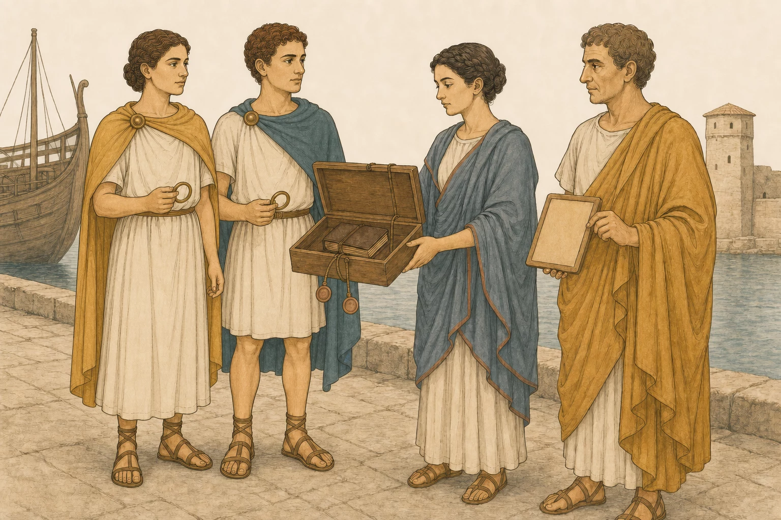 Viola and Sebastianus stand together on the Illyrian quay with their matching plain bronze rings as Aurelia presents the sealed codex and Artemidorus shows the Roman custody record.